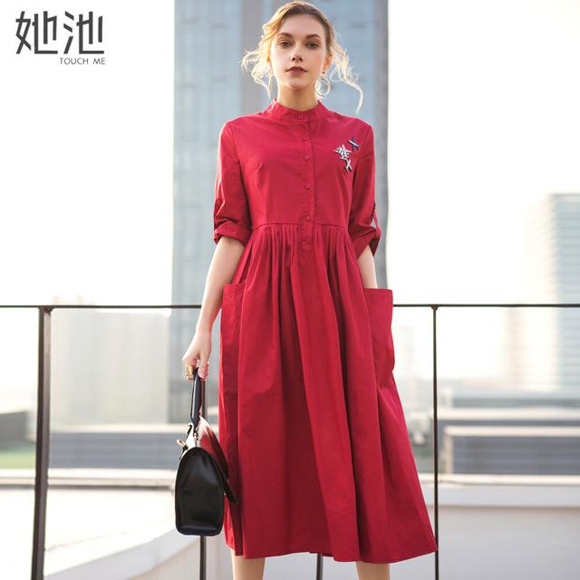 2017秋新款大红色百褶纯棉衬衫裙 